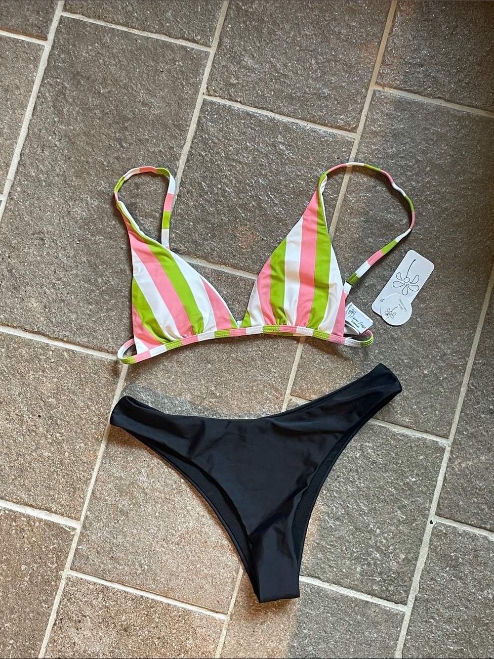 Dippin' Daisy's Pink White Lime Striped Triangle Bikini Top with Black Bottom